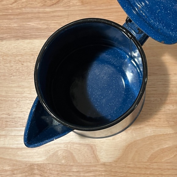 Dark Blue Enamelware Coffee Pot Hinged Lid with Mug Camping Campfire Cottagecore - Picture 7 of 10